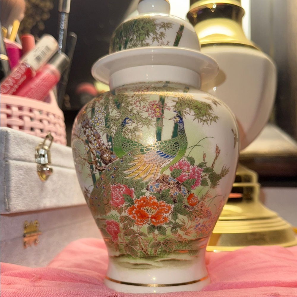 Floral Porcelain Vase with Peacock Motif